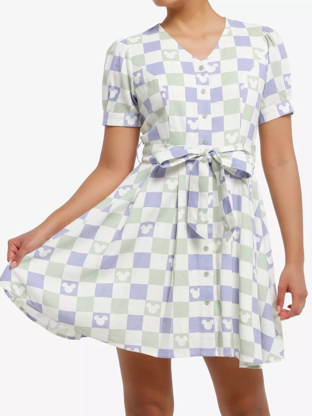 Checked Puff-Sleeve Disney Mickey Mouse Pastel Button-Down Front-Tie Dress